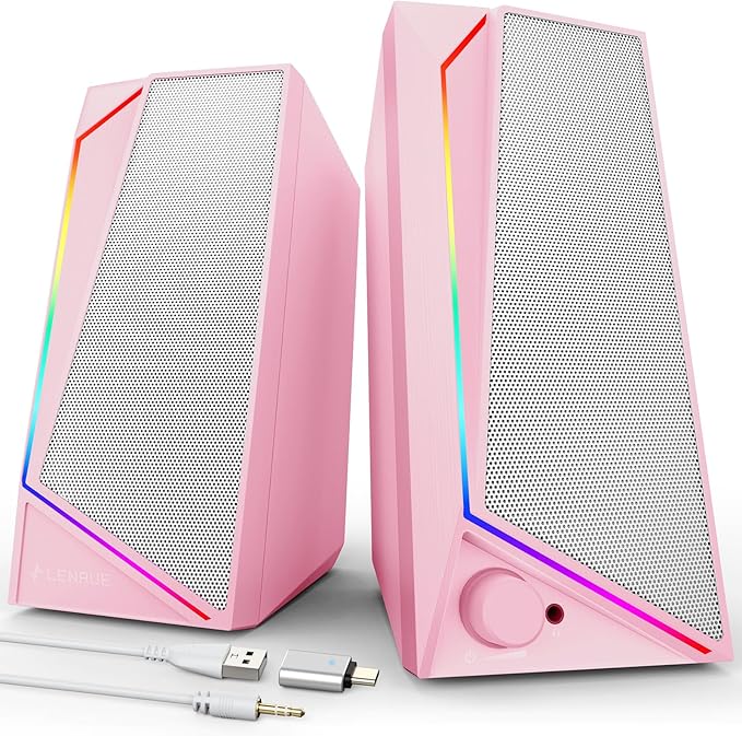 LENRUE Computer Speakers, USB/USB-C Powered PC Speakers with Loud Stereo Sound, Headphone-in for Desktop, iMac, MacBook, Laptop, Monitor (USB-C to USB Adapter Included) (Pink)