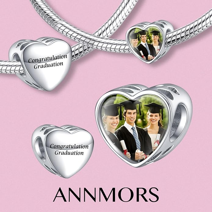 Annmors Personalized Photo Charms For Bracelets/Necklace 925 Sterling Silver Love Heart Shaped Engraved Customize Picture Gift for Birthday Mother's Day,Bead Charms Jewelry for Women
