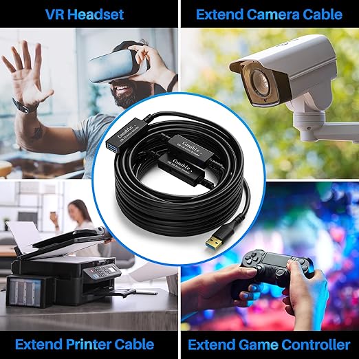 USB 3.0 Active Extension Cable 75 Feet, Long USB Type-A Male to Female Extender Cord, Built-in 3 Signal Booster Smart Chips, 5Gbps Transfer, Black USB Extension Cable with an AC Power Adapter (5V 2A)