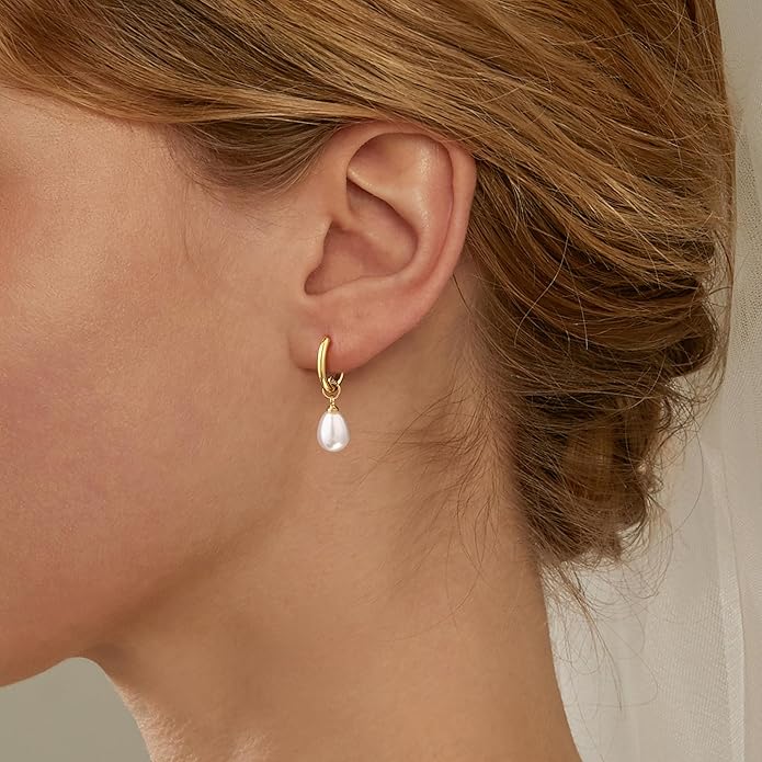 Gold Pearl Dangle Earrings for Women, 14K Gold Plated Small Pearl Drop Huggie Hoop Earrings, Hypoallergenic Dainty Gold Earrings Wedding Jewelry Gifts for Women Trendy