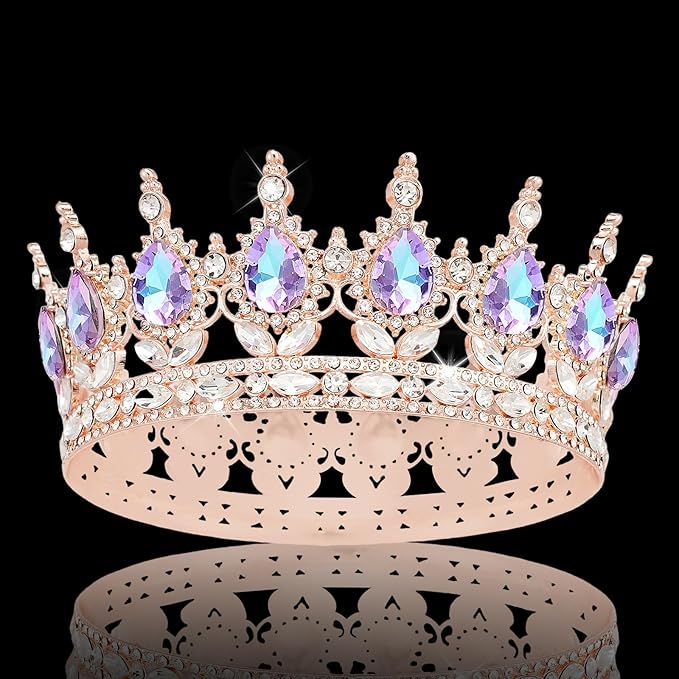 Queen Crown Rhinestone Wedding Crowns and Tiaras for Women Costume Party Hair Accessories Princess Birthday Crown Crystal Bridal Crown (Rose Gold Crown-Violet)