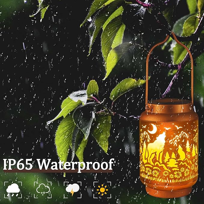 Solar Lanterns Outdoor Waterproof Gifts for Women Grandma Gifts for Mom Wolf Projection Garden Decor Solar Hanging Lantern Metal for Patio Yard Festival Pathway Landscape