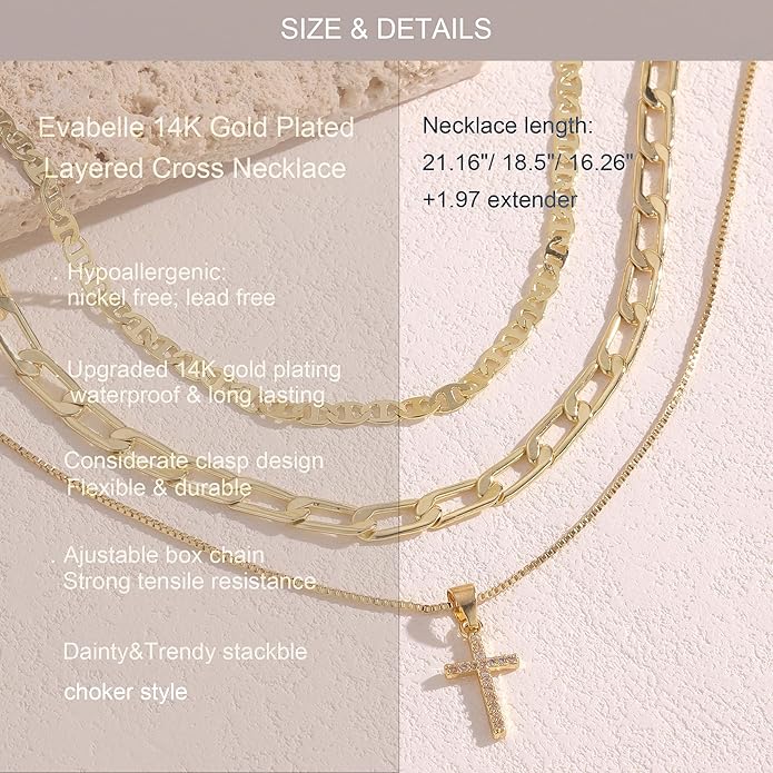 Evabelle Gold Layered Necklace for Women Trendy Jewelry 14K Real Gold Plated Chunky Chain Stackable Necklaces Dainty Choker Necklaces Rectangle Square Pendant