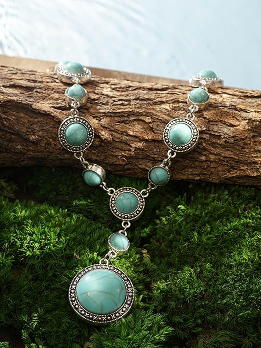 MINACHI Bohemian Created Turquoise Beaded Y-Necklace, Turquoise-toned Multi-shaped Pendant, Dainty Elegant Jewelry for Women