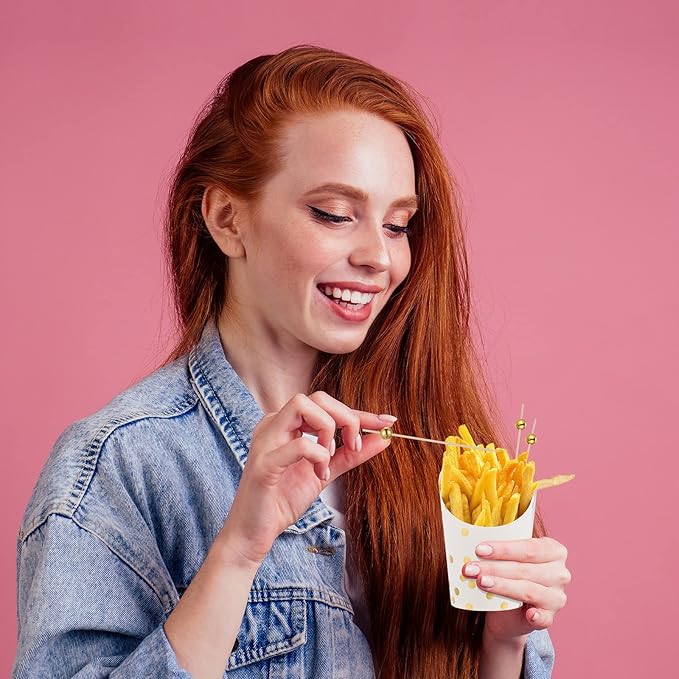 14 oz Charcuterie Cups Disposable French Fries Holder French Fry Paper Cups Gold Polka Dots Popcorn Boxes and 4.7 Inch Cocktail Picks Gold Pearl Bamboo Skewers for Party(White,200 Pcs)