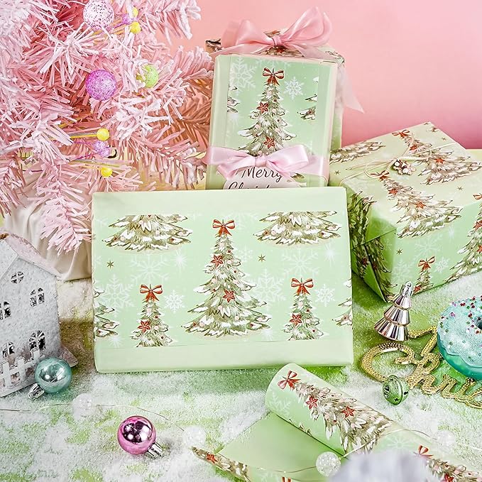 WRAPAHOLIC Reversible Christmas Wrapping Paper - Mini Roll - 17 Inch x 33 Feet - Light Green Christmas Tree Wrapping Paper for Xmas Holiday, Party Celebration
