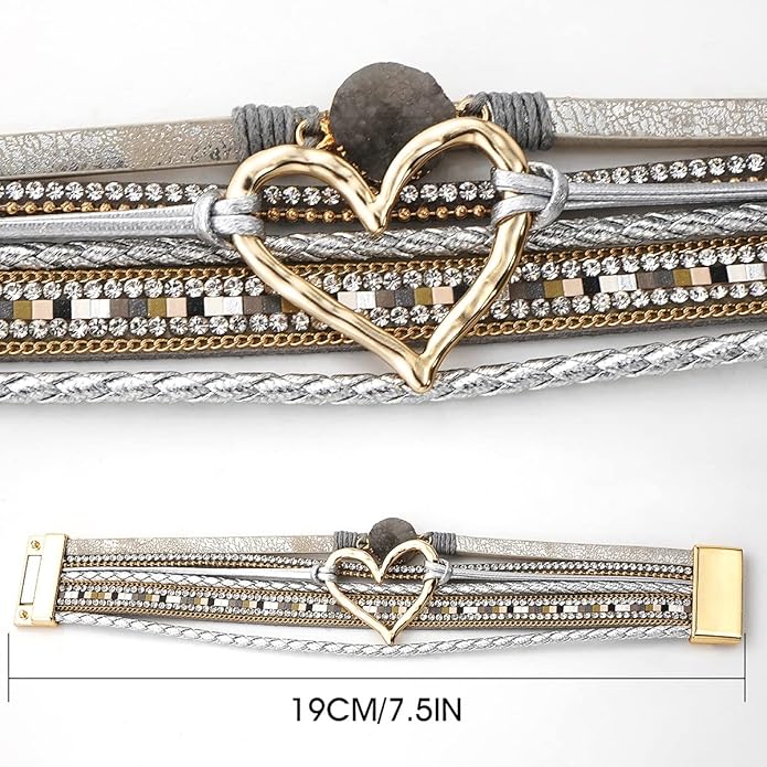 Suyi Multilayer Leather Wrap Bracelet Heart-Shape Wide Cuff Bracelets for Women