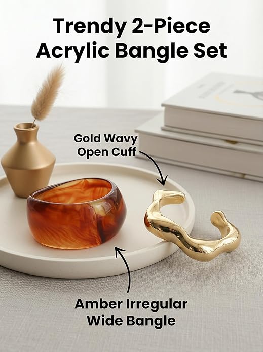 2Pcs Irregular Acrylic Bangle Set - Open & Closed Cuff Bracelets Fashion Jewelry for Women, Trendy Chunky Resin Bracelets New Year's gift