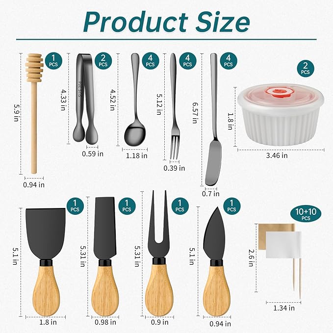 Charcuterie Boards Accessories Bowls with Lids, Cheese Butter Spreader Knife Set Mini Serving Tongs, Forks, Spoons,Dipping Bowls, Toothpick Flags, Honey Dippers For Party Platter Making (Black)