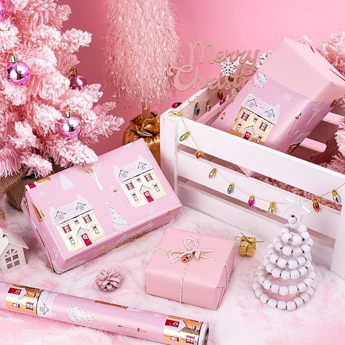 WRAPAHOLIC 30 Inch Jumbo Reversible Christmas Wrapping Paper - 30 Inch x 100 Feet Jumbo Roll Pink House and Solid Pink Wrapping Paper with Metallic Foil Shine for Chrsitmas, Holiday, Party