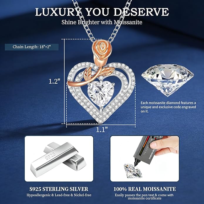 Gorgeous Moissanite Necklaces for Women - Valentine's Day Gifts for Wife Girlfriend, 925 Sterling Silver 1-3CT Moissanite Pendant Jewelry, Wedding Anniversary Birthday Christmas for Mom