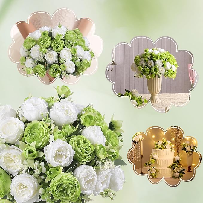 Floweroyal 2 Bunches Peony Artificial Flowers Green Flowers Silk Peonies Bouquets for Wedding Party Table Centerpieces Floral Arrangement Home Kitchen Decor