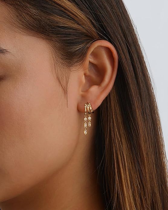 Dangle Earrings For Women,Dainty 14K Gold Plated Hypoallergenic Small Triple Huggie Hoop Earring Gothic Cute Cross Moon Star Drop Earrings For Women Trendy Gold Statement Stud Earring Jewelry