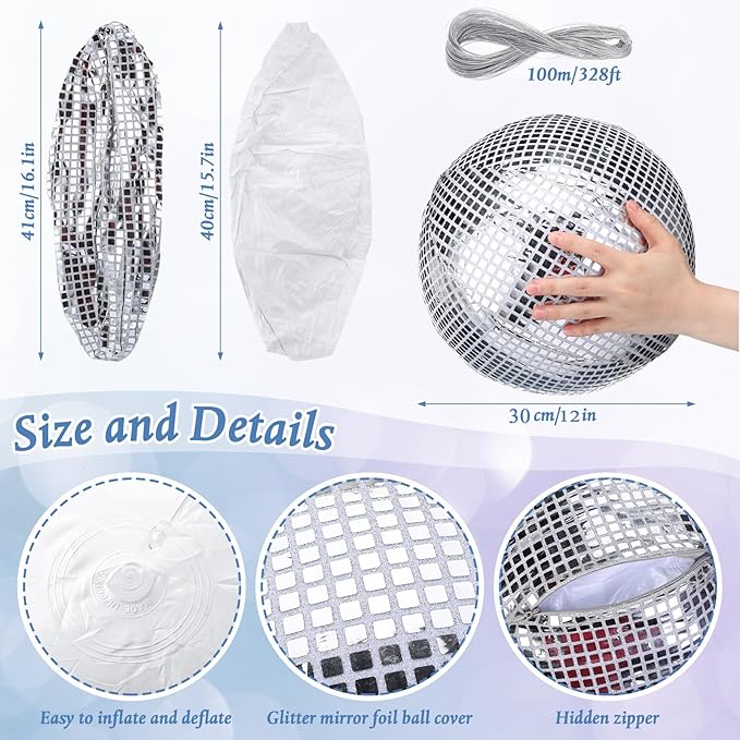 HyDren 4 Set Inflatable Disco Ball with Cover Foldable Hanging Mirror Disco Ornaments for Christmas Wedding Birthday Baby Shower Bachelorette Party Indoor Outdoor (12 Inch)