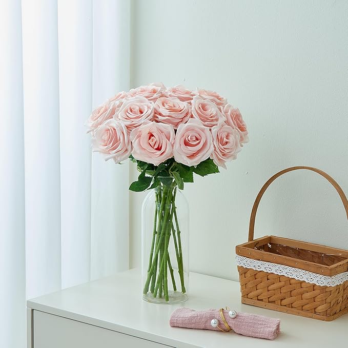 15pcs Blush Roses Artificial Flowers Silk Fake Flowers Realistic Pink Roses Bouquet Long Stemink for Wedding Home Party Birthday Decoration