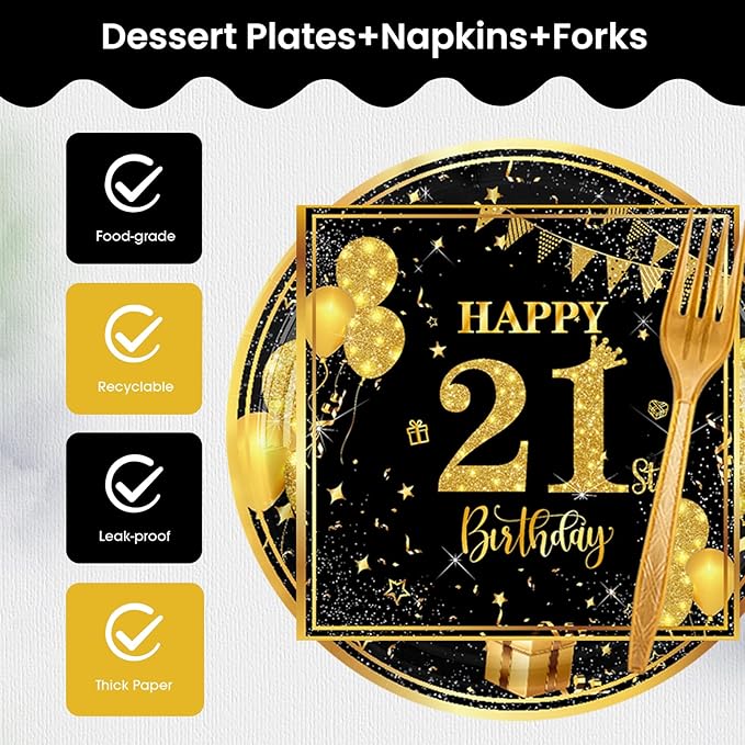 21th 7 inch Birthday Party Paper Plates and Napkins Forks 60 pcs Black Gold Birthday Decorations for Boys Girls Tableware Set Anniversary Party Supplies,Serve 20