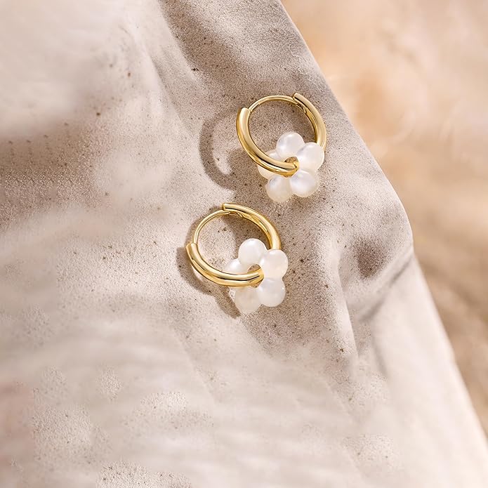 Gold Pearl Dangle Earrings for Women, 14K Gold Plated Small Pearl Drop Huggie Hoop Earrings, Hypoallergenic Dainty Gold Earrings Wedding Jewelry Gifts for Women Trendy