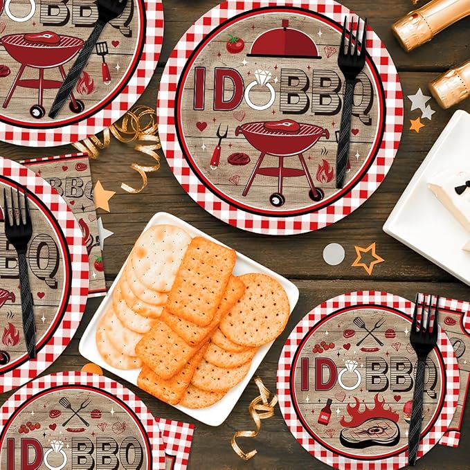 96PCS I DO BBQ Plates and Napkins Party Supplies BBQ Bridal Shower Decorations Bar B Q Wedding Engagement Barbecue Disposable Paper Tableware Set Serves 24 Guests