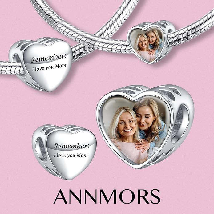 Annmors Personalized Photo Charms For Bracelets/Necklace 925 Sterling Silver Love Heart Shaped Engraved Customize Picture Gift for Birthday Mother's Day,Bead Charms Jewelry for Women