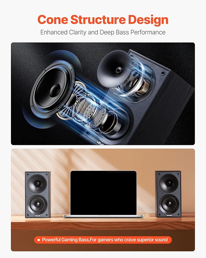 VEVOR Passive Bookshelf Speaker, 300W, Book Shelf Stereo Speakers with 4-Inch Woofer and 1-Inch Tweeter, Detachable Grille, 70Hz-20KHz Frequency Response, Wooden Enclosure, for Home Theater (1 Pair)