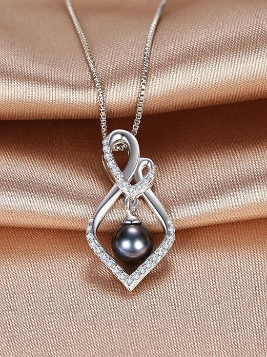 Tahitian Black Pearl 18K White Gold Plated Sterling Silver Heart/Infinity/Four Leaf Clover Pendant Necklace Jewelry Gifts for Women Wife Mom Girlfriend Wedding Birthday Anniversary Christmas