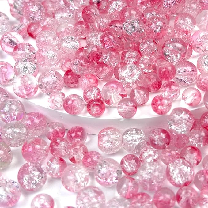 300pcs Crackle Glass Beads, 6mm and 8mm Pink Crystal Glass Beads Round Loose Spacer Bulk Beads for DIY Craft Earring Necklace Bracelet Jewelry
