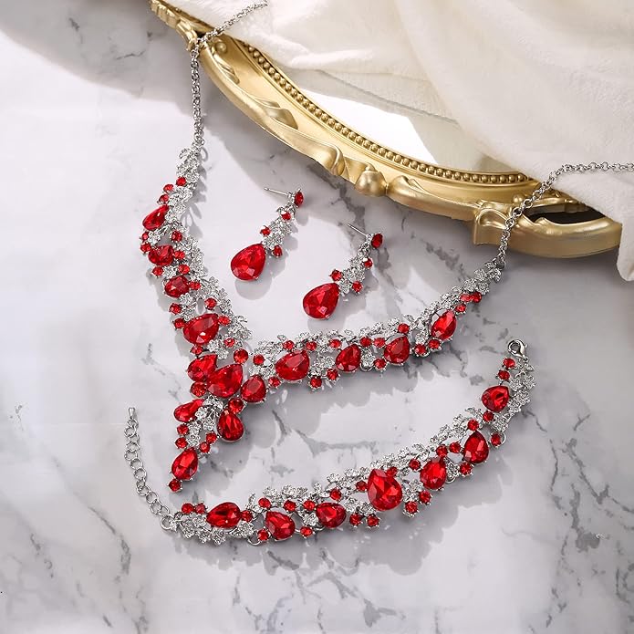 BriLove Women's Wedding Bridal Austrian Crystal Teardrop Flower Cluster Statement Necklace Dangle Earrings Jewelry Set for Party Prom
