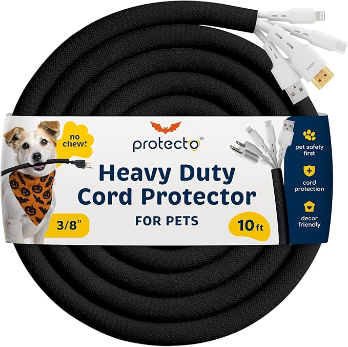 PROTECTO Heavy Duty Dog & Cat Cord Protector 10ft - Easy-to-Use Critter Cord Cover for Pet - Clear Odorless Black Color - No Chew Solution for Power, Audio & Video Wire - Tubing