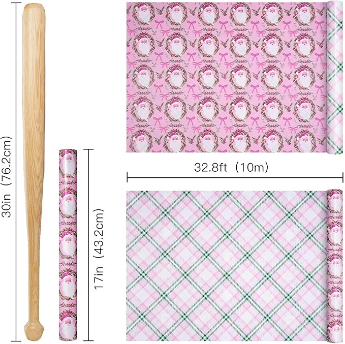 RUSPEPA Reversible Christmas Wrapping Paper Roll, Mini Roll, Pink Santa Claus, Floral Wreath, Bow Design, Green Pink Plaid Gift Wrap for Girls, Kids, Family, Holiday Gifts, 17 Inches x 32.8 Feet