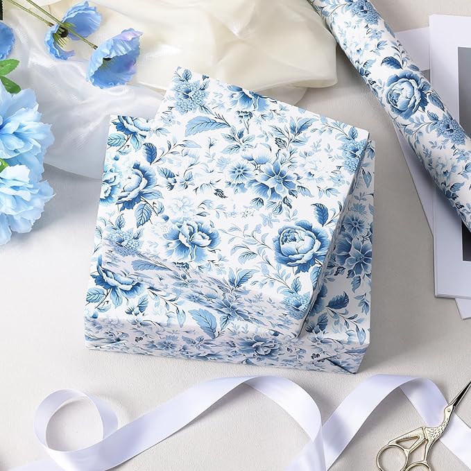 BIOBROWN Floral Wrapping Paper Roll - 17 Inches X 33 Feet (47 sq. ft. ttl.) Blue White Peony Design Chinoiserie Flower Gift Wrap Stone Paper for Wedding, Bridal Shower Favors, Mother's Day