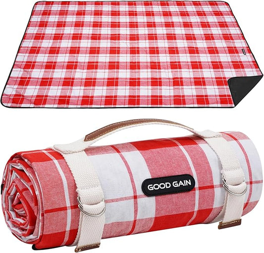 G GOOD GAIN Picnic Outdoor Blankets Waterproof Large - Beach Mat Sand Free Foldable with Carry Strap | Portable Camping Blanket | Park Blanket for Grass Park, Hiking, Travel, Concerts（RedPlaid）