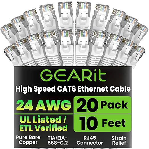 GearIT Cat 6 Ethernet Cable (20-Pack 10 Feet) Cat6 Network Patch, 10Gbps, RJ45, Snagless Cord, Gold-Plated Connectors, Internet for PC, TV, Tablet, Router, Printer, Servers, IT Data Center - White
