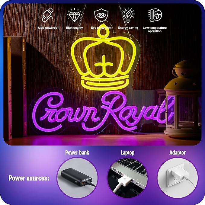Crown Neon Sign for Wall Decor Beer Light Up Signs Whiskey LED Lights for Man Cave Bar Pub Store Party Club