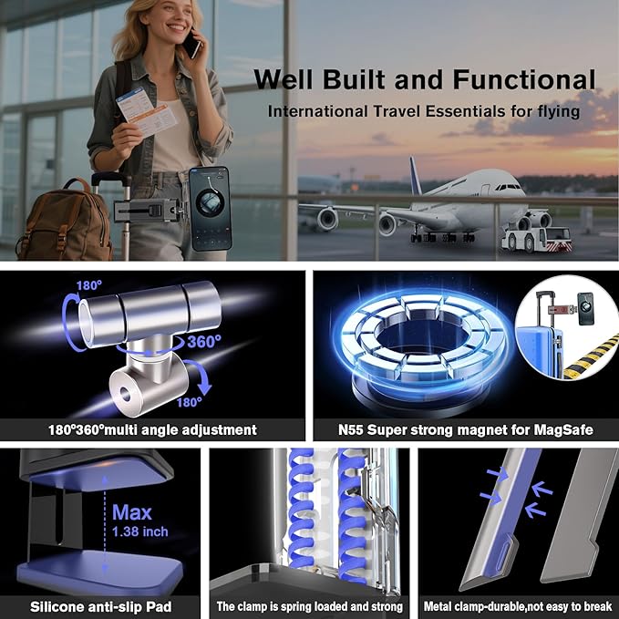 Metal Airplane Travel Essentials Phone Holder Mount for MagSafe N55×40 Magnetic Phone Stand for Desk,Europe Vacation Essentials Universal 360° Swivel Travel Gadgets Cruise Must Haves
