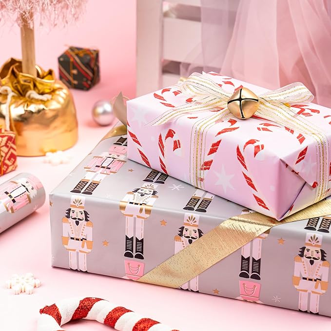 WRAPAHOLIC 30 Inch Jumbo Reversible Nutcracker Christmas Wrapping Paper - 30 Inch x 33 Feet - Nutcracker and Candy Cane Design Printed on Pearlized Paper for Chrsitmas, Holiday, Party Celebration