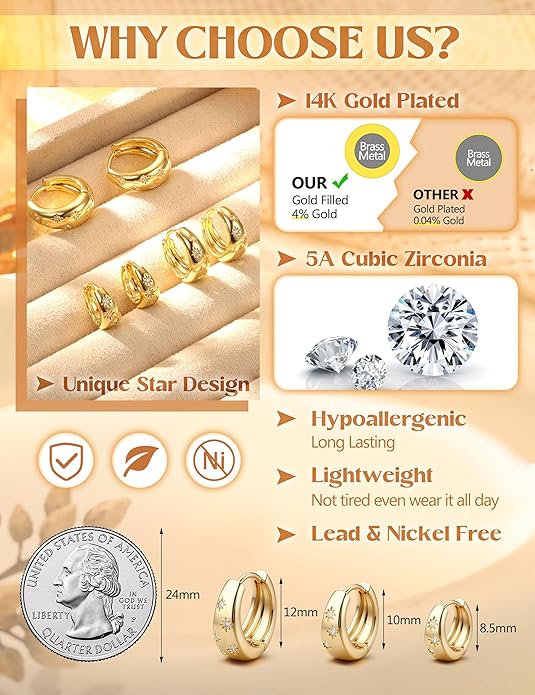 14K Gold Plated Hoop Earrings Set for Women - 3Pairs Chunky 14K Gold Plated Silver Huggie Earrings Small Earrings Lightweight Hypoallergenic MultiColored CZ Hoop Earrings Stacks for Multiple Piercing