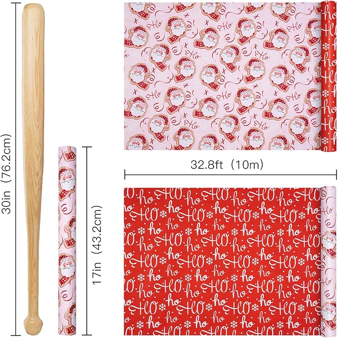RUSPEPA Reversible Christmas Wrapping Paper Roll, Mini Roll, Adorable Santa Claus, Ribbon Design, Funny Red Ho Ho Ho Gift Wrap Paper Perfect for Girls, Family, Holiday Gifts, 17 Inches x 32.8 Feet