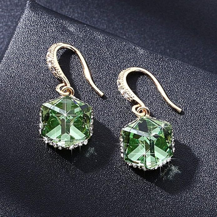 Austrian Crystal Cube Drop Dangle Earrings for Women 14K Gold Plated Hypoallergenic Jewelry