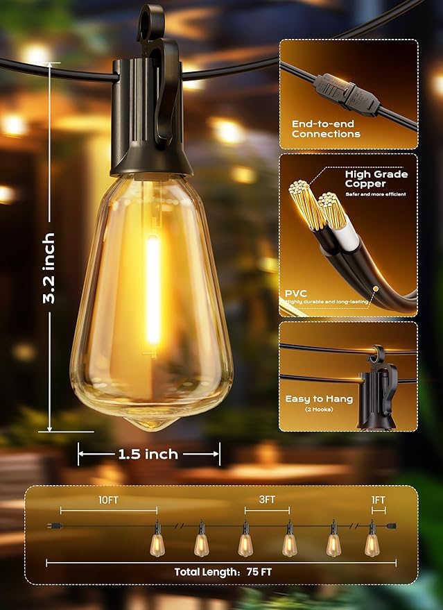 Brightown Outdoor String Lights, 75FT 22+2 LED ST38 LED Patio Lights Shatterproof, Dimmable IP65 Waterproof Connectable Hanging Outdoor Light for Backyard, Porch, Deck, Balcony