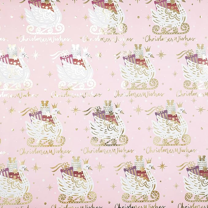 RUSPEPA Christmas Wrapping Paper Roll, Mini Roll, Pink Gold Foil Gift Wrap with Elegant Swan Sled, Presents and Christmas Wishes Design, Perfect for Girls, Women, Holiday Gift, 17 Inches x 16.4 Feet