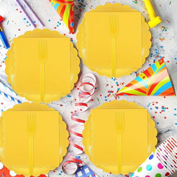 96PCS Yellow Paper Plates and Napkins, 24 Guest Light Yellow Disposable Tableware Set Include Scalloped Paper Plates Napkins and Forks Decoration Party Supplies for Birthday Wedding Baby Shower
