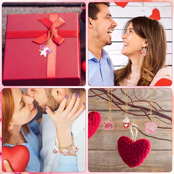 MARFOREVER 40 Pcs/20 Pairs Valentines Charms for Jewelry Making, Heart Charms for Jewelry Making Gold Enamel Red Pink Romantic Love Charm Pendants for Valentine's Day Bracelet Necklace Earrings Making