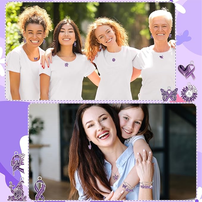 MARFOREVER 40 Pcs/20 Pairs Domestic Violence Charms for Jewelry Making, Purple Ribbon Awareness Charm Alzheimers Pancreatic Cancer Charms Lupus Awareness Pendants for Bracelet Necklace Earrings Making
