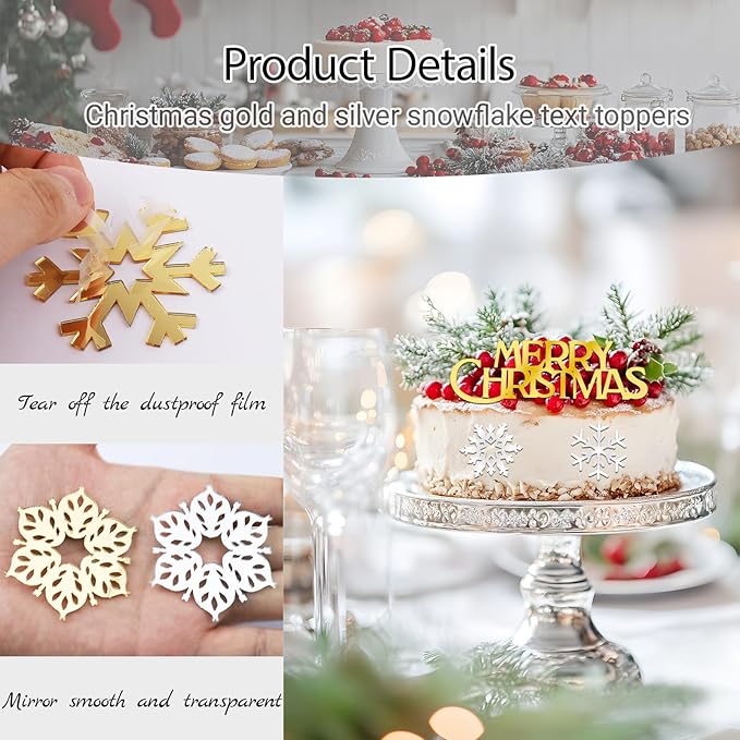 26 Pcs Snowflake Cupcake Toppers Acrylic Christmas Cupcake Toppers Mirror Frozen Cupcake Topper for Christmas Cake Decorations New Year Party Supplies