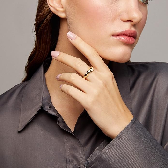 JINEAR 18k Gold Filled Chunky Rings for Women Croissant Dome Statement Ring Trendy Twisted Braided Band Stacking Star Rings Jewelry Gifts