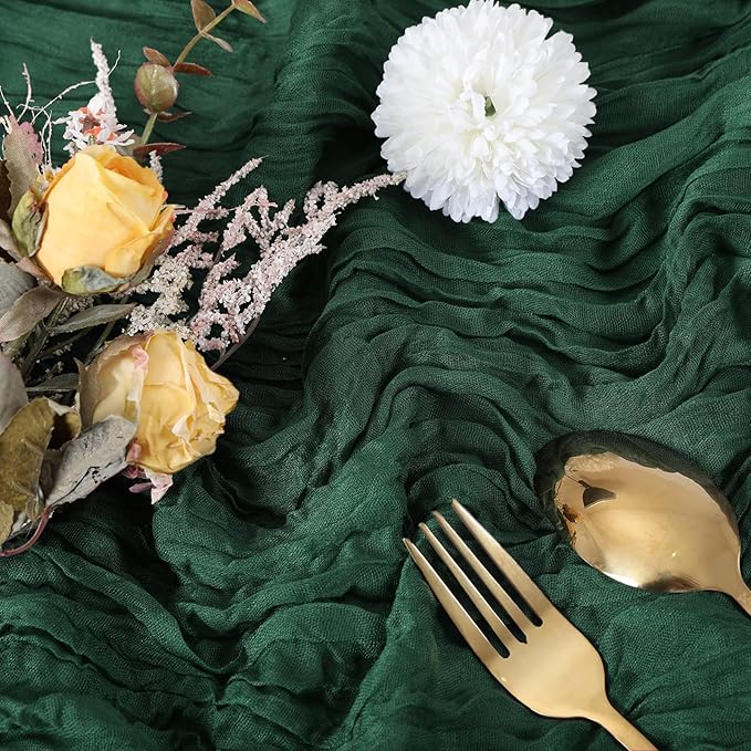 12 Pack Christmas Table Runner Emerald Green Cheesecloth Table Runner 10FT Boho Gauze Fabric 35 x 120 Inch Rustic Runner for Centerpiece Wedding Decor Baby Shower Party Table Decoration