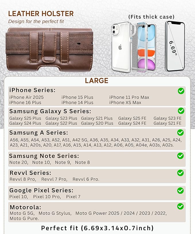 Leather Phone Holster for Men & Women, Horizontal Cell Phone Case -Fits iPhone Air 2025, 16/15/14 Plus/11 Pro Max, XS Max, Belt Clip/Loop Carrying Phone Pouch Holder, Brown Large.