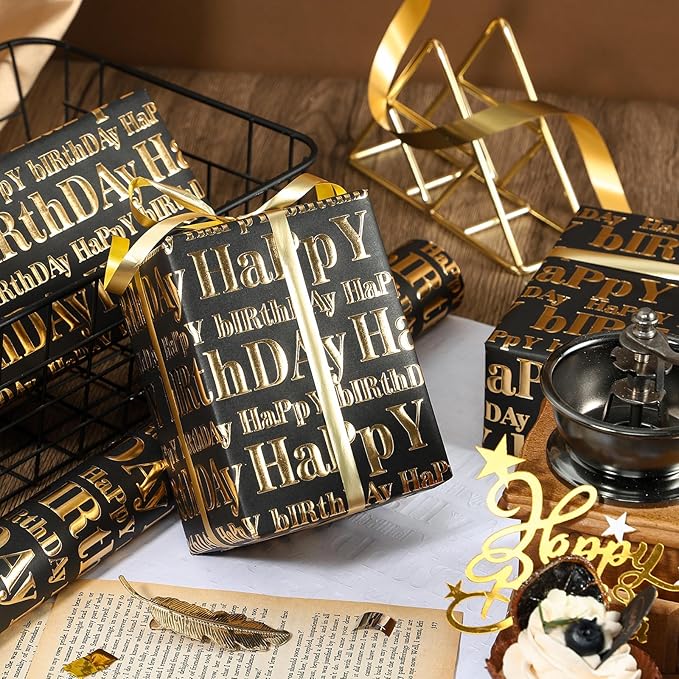 WRAPAHOLIC Jumbo 3D Kraft Birthday Wrapping Paper Roll - 30 Inch x 16.5 Feet - Gold and Black Happy Birthday Wrapping Paper with Embossed Perfect for Holiday, Party Celebration