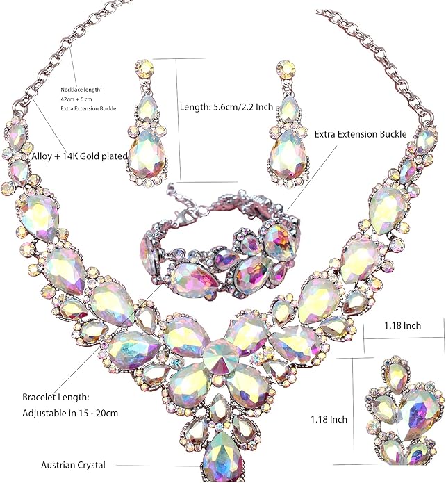 Women's Wedding Bridal Austrian Crystal Glass Teardrop Statement Necklace Dangle Earrings Bracelet Ring Wedding Party Jewelry Set for Bridal Bridesmaid