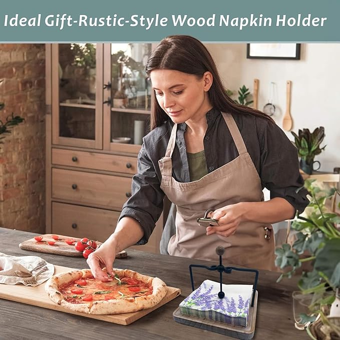 Rustic Wooden Napkin Holder for Table, Farmhouse Kitchen Table Decor, Flat Napkin Holder with Weighted Arm and Handle for Home, Kitchen, Restaurant, Hotel, Cafe, Bar